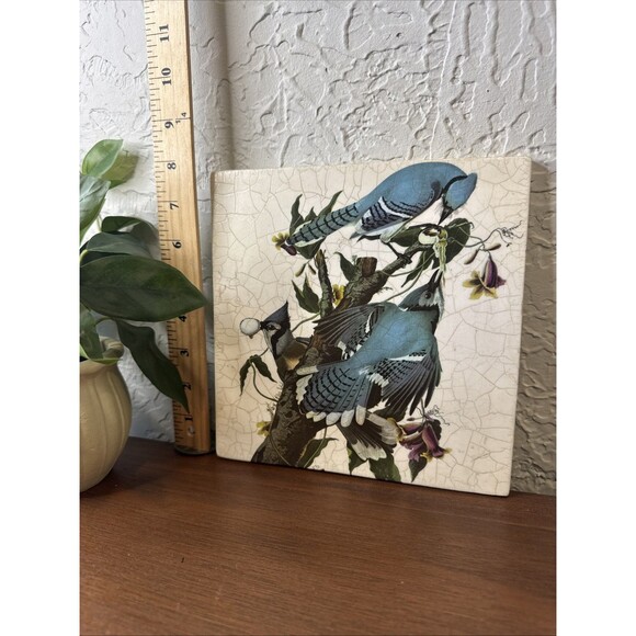 Vintage 1973 J Henley Audubon Blue Jay Birds Wall Tile Trivet Cottage Signed - Picture 3 of 6